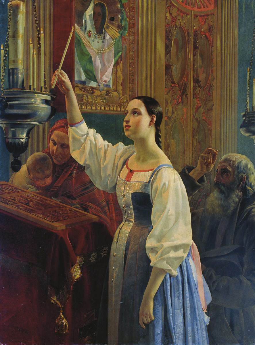 Михайлов Г.. Девушка, ставящая свечу перед образом. 1842