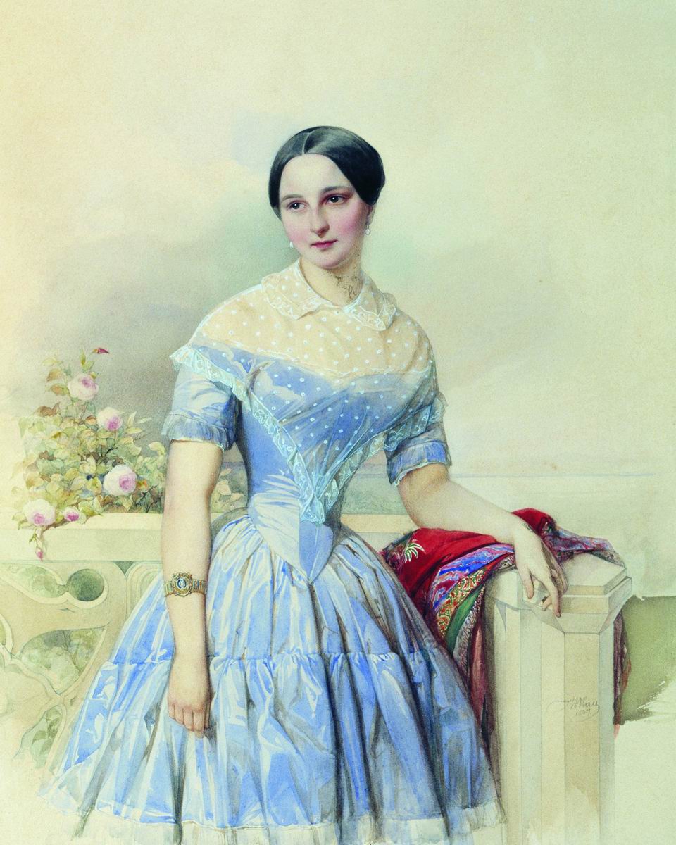 Гау В.. Портрет неизвестной дамы в голубом платье и с красной шалью. 1847