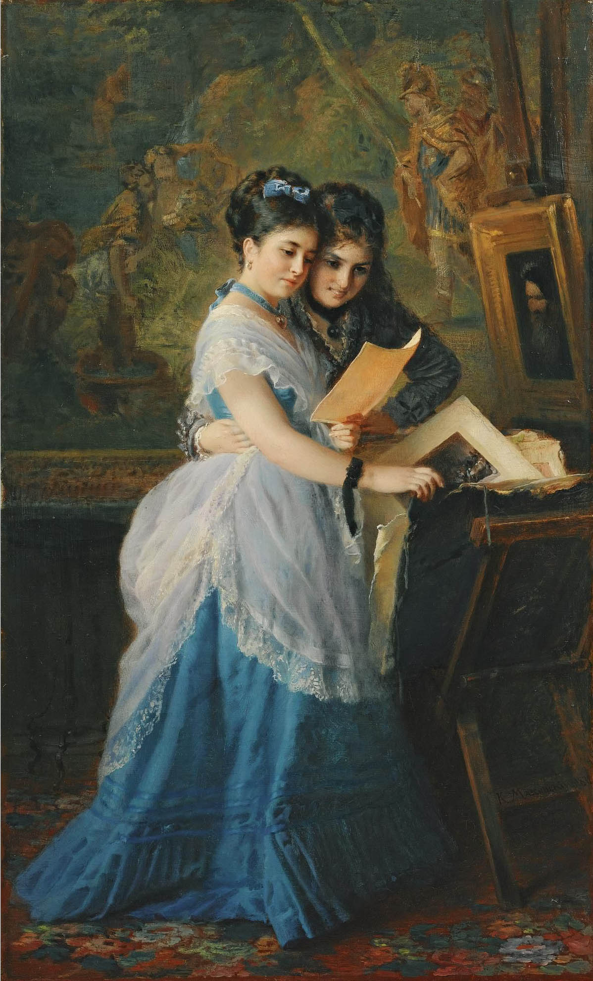 Маковский К.. Две девушки рассматривают иллюстрации. 1872