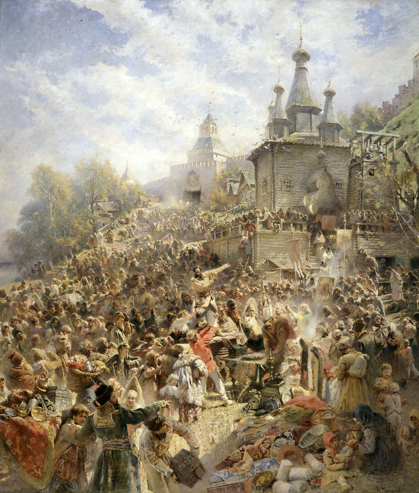 Маковский К.. Минин на площади Нижнего Новгорода, призывающий народ к пожертвованиям. 1890-е