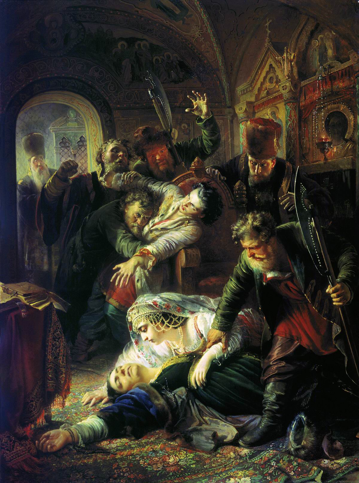 Маковский К.. Агенты Дмитрия Самозванца убивают сына Бориса Годунова. 1862