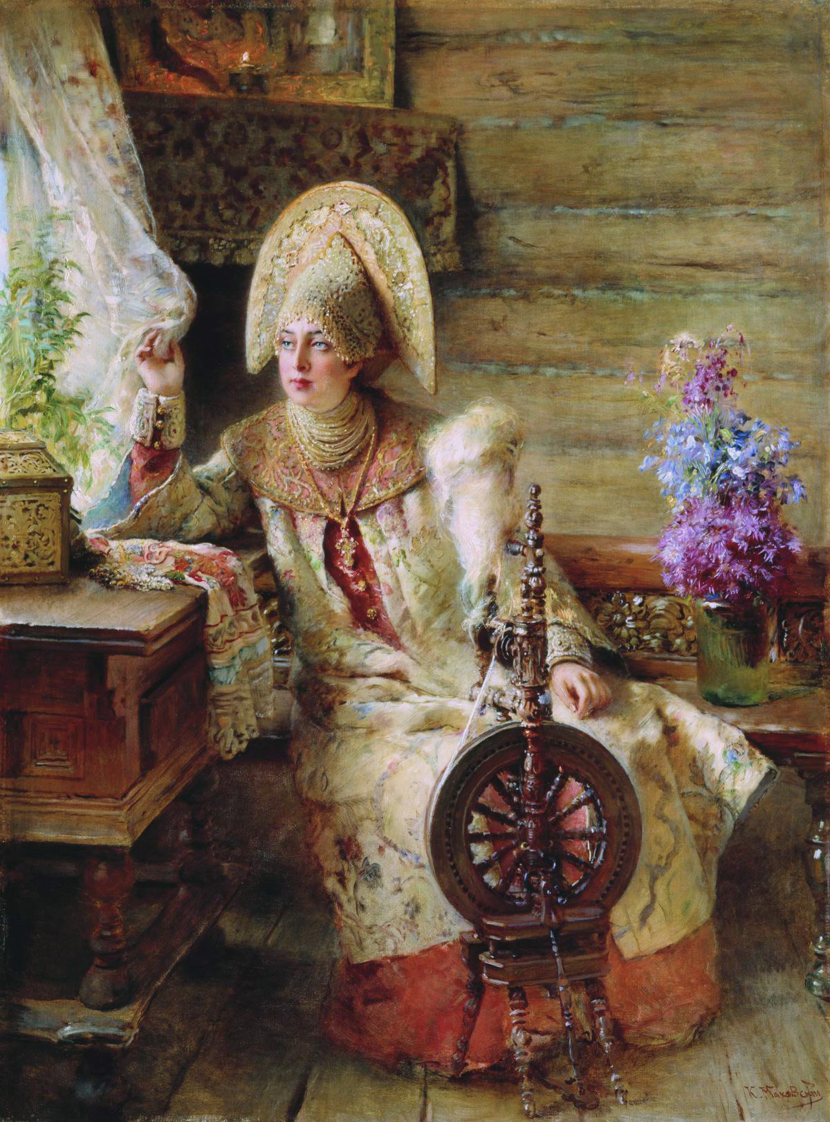 Маковский К.. Боярышня у окна (с прялкой). 1890-е