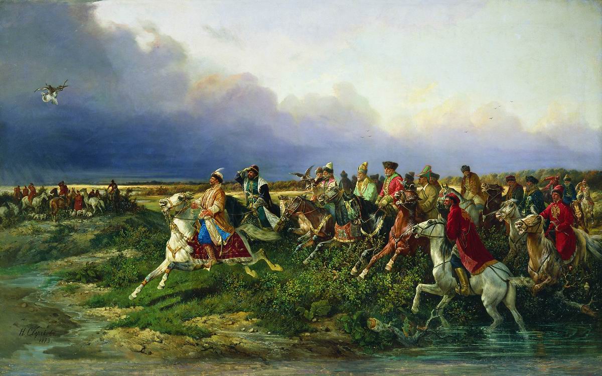 Сверчков Н.. Царь Алексей Михайлович с боярами на соколиной охоте близ Москвы. 1873