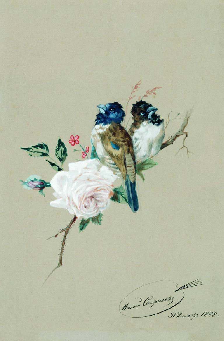 Сверчков Н.. Две птицы на розе. 1888