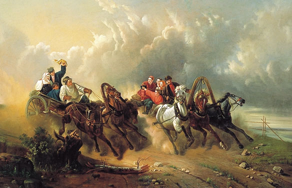 Сверчков Н.. Скачущие наперегонки на телегах. 1857