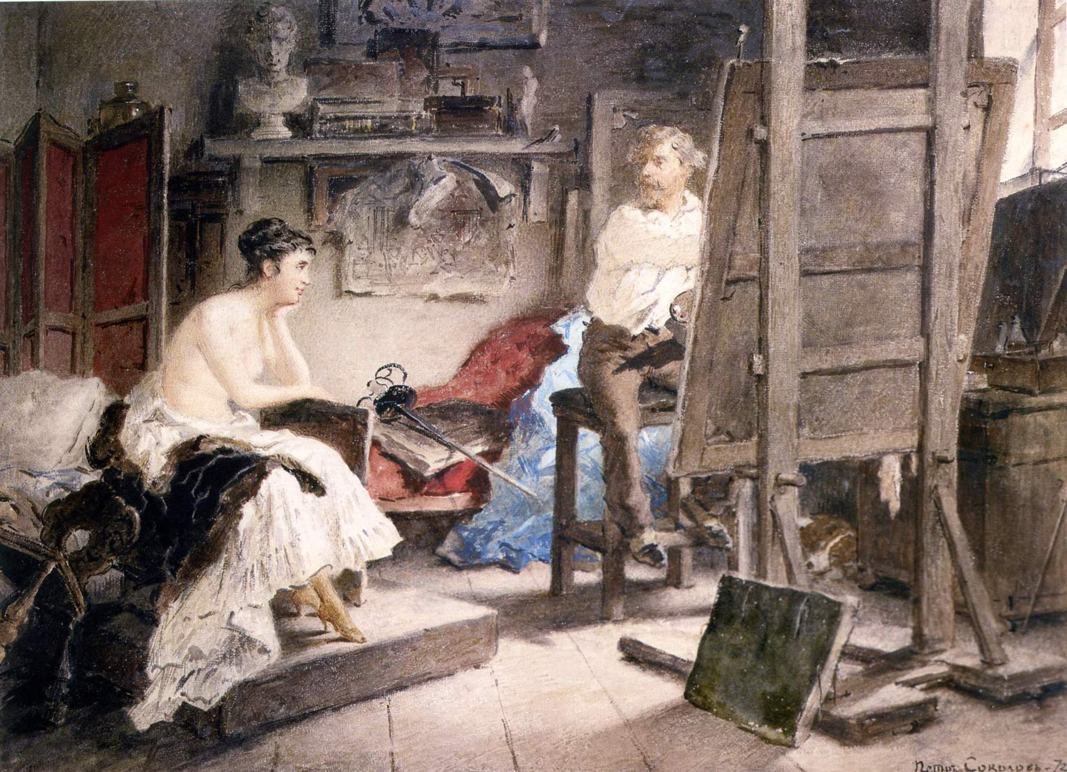 Соколов П.П.. В мастерской художника (Художник и модель) . 1872
