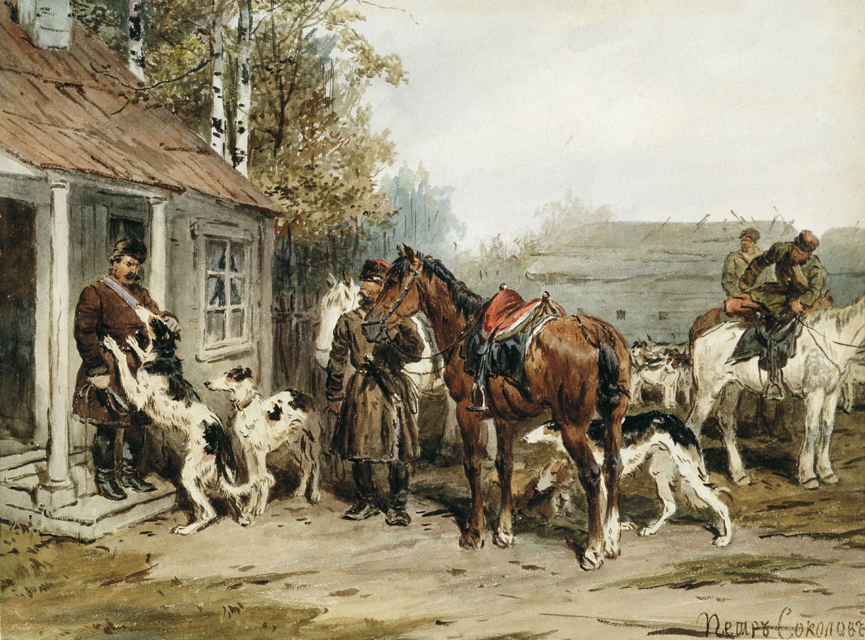 Соколов П.П.. Сборы на охоту. У крыльца. 1870