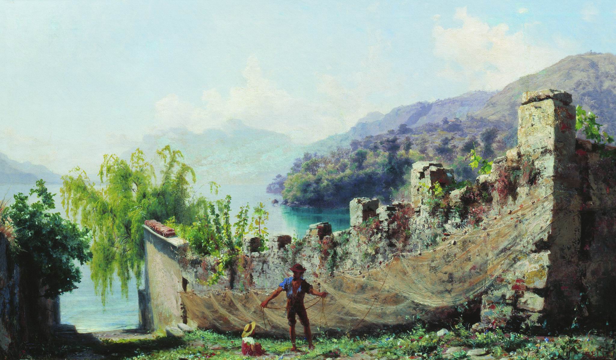 Бронников. Итальянский вид. Рыбак, развешивающий сети. 1875