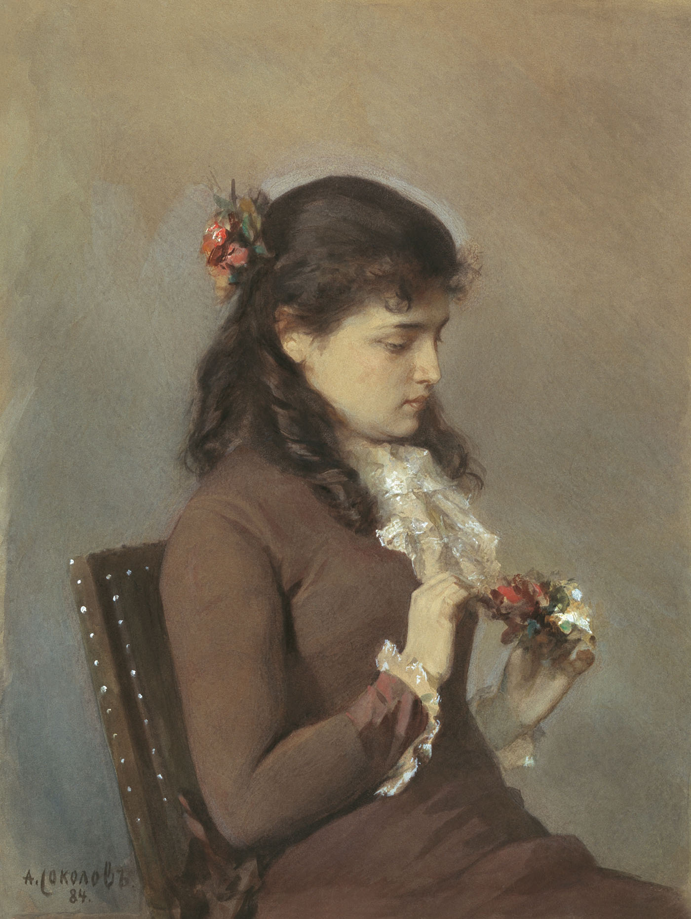 Соколов А.. Портрет дочки художника с цветами. 1884