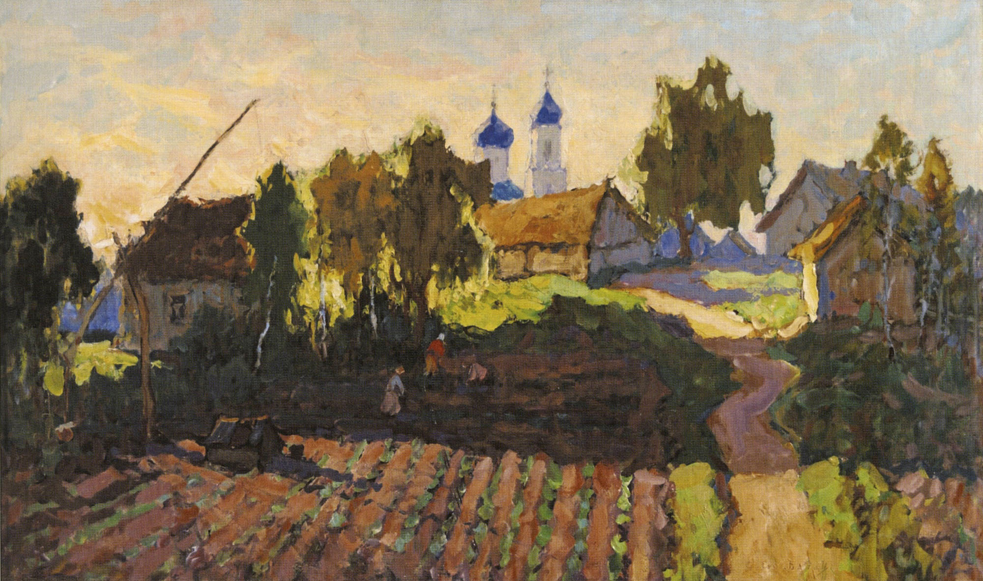 Горбатов. Деревенский пейзаж с полем и церковью. 1920-е