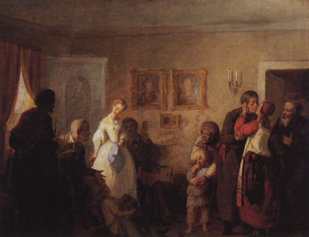 Мясоедов Г.. Поздравление молодых в доме помещика. 1860