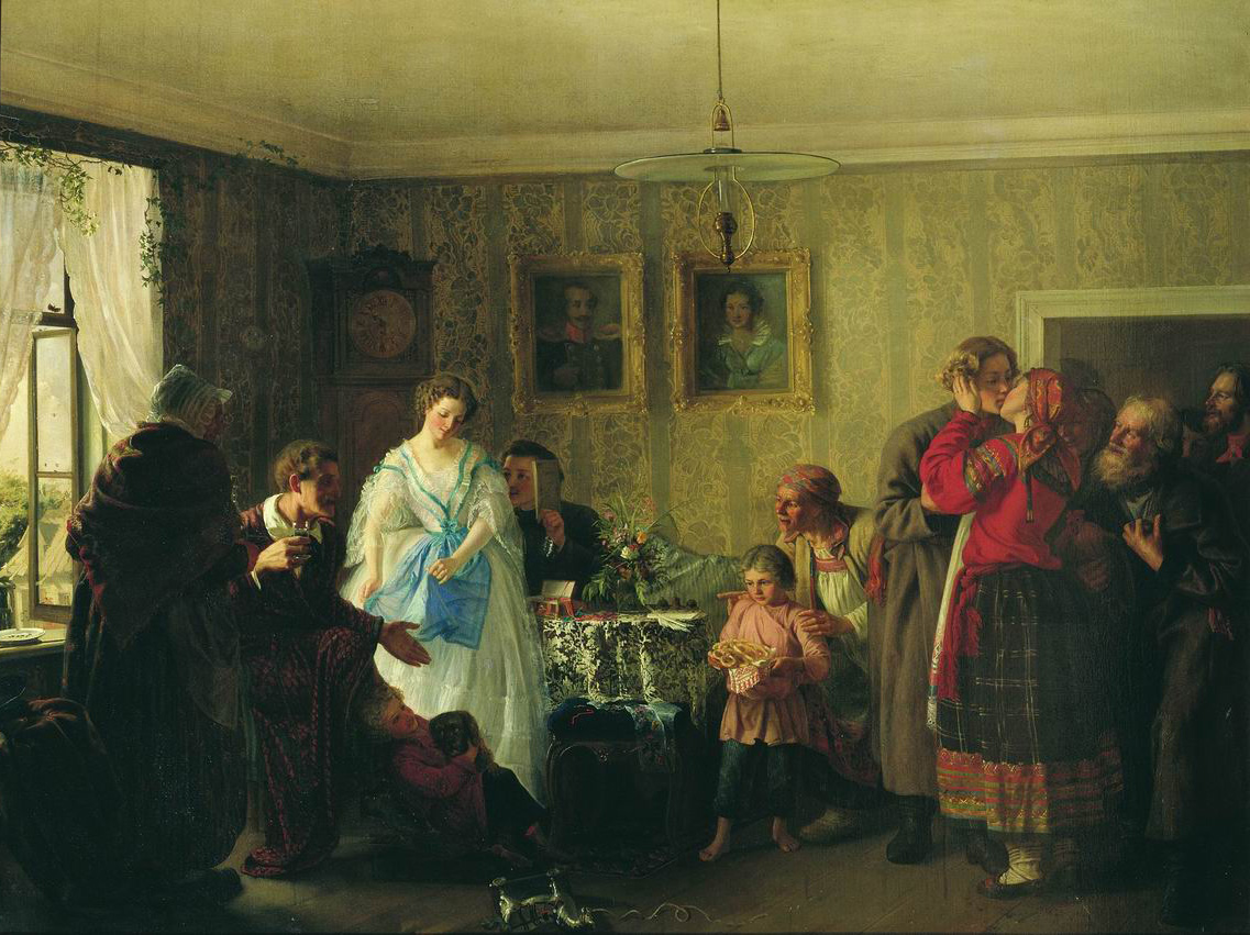 Мясоедов Г.. Поздравление молодых в доме помещика. 1861