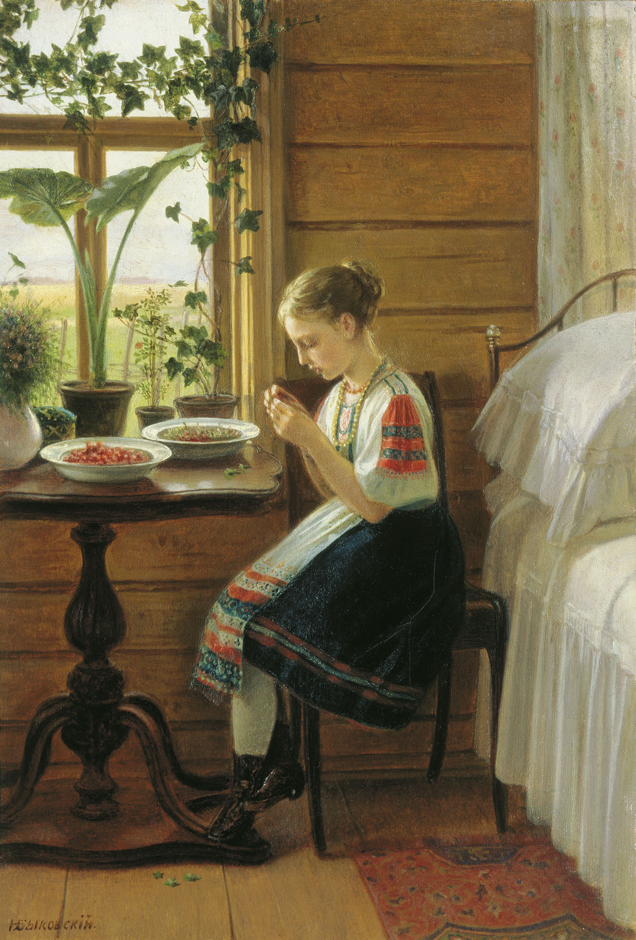 Быковский. На даче. Девочка за чисткой ягод. 1880