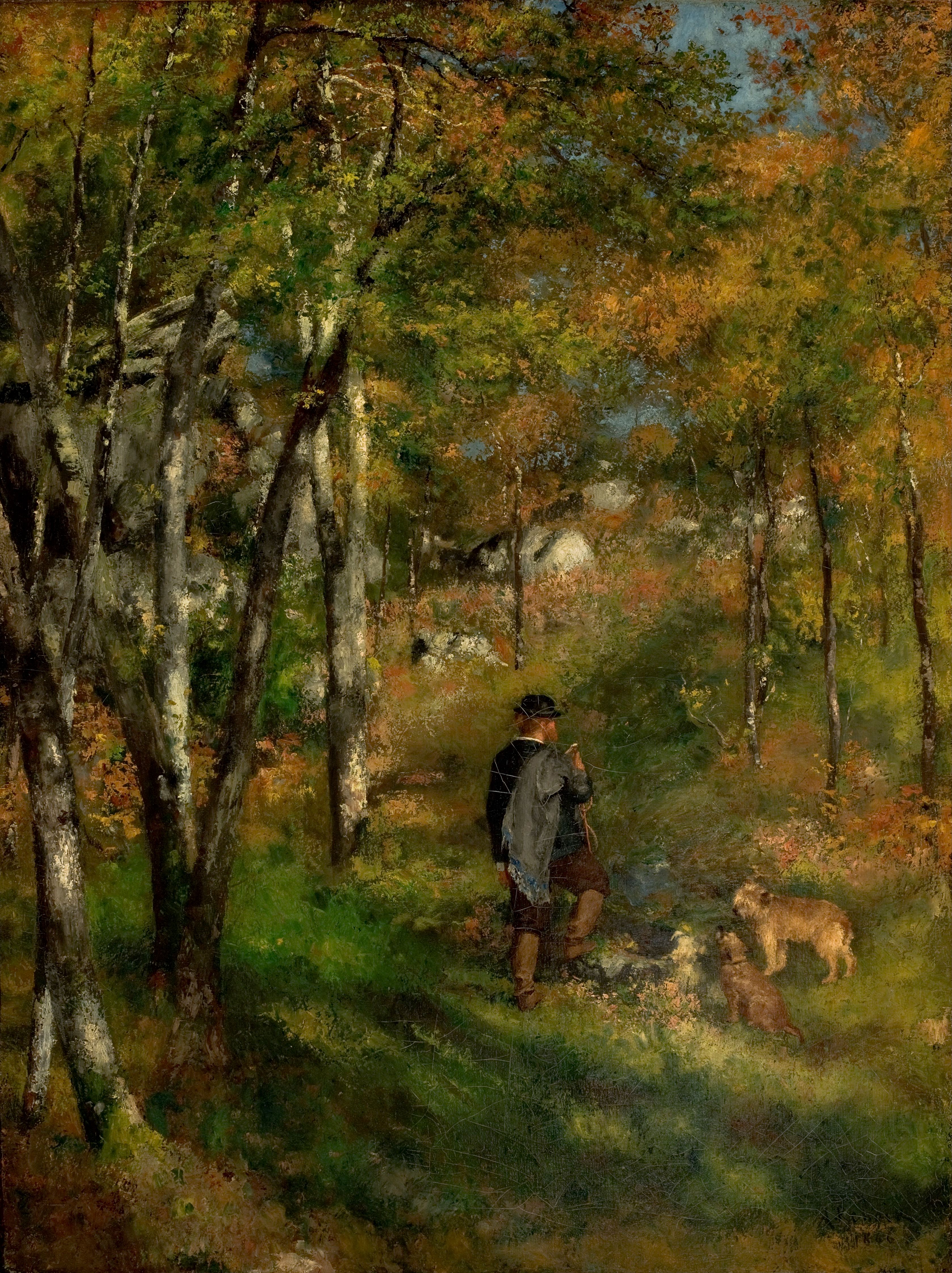 Ренуар. Художник Жюль Ле Кёр прогуливает своих собак в лесу Фонтебло. 1866