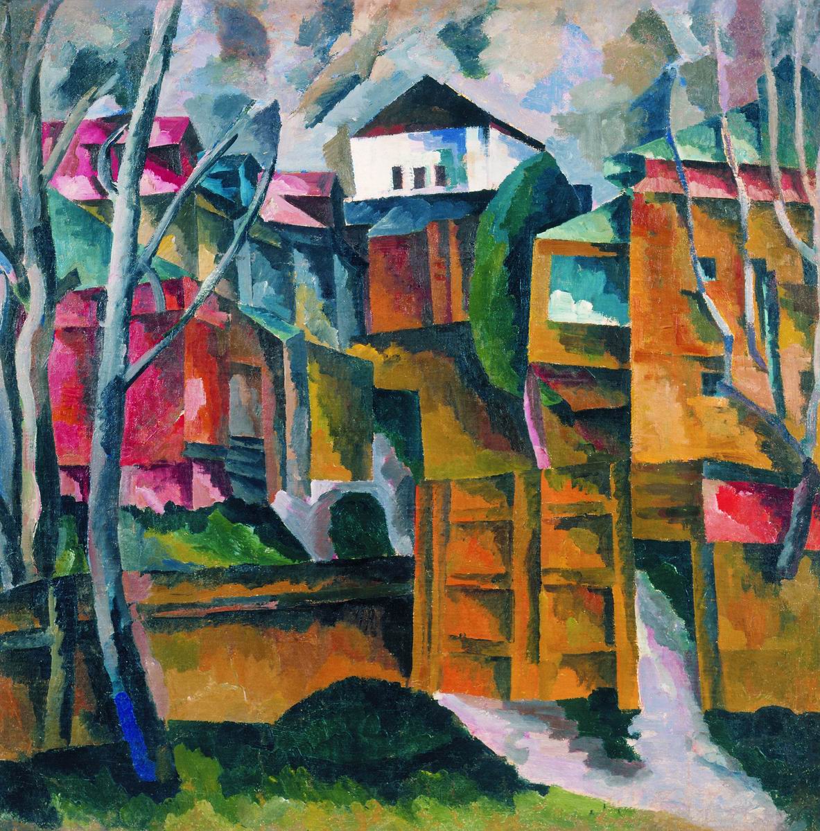 Лентулов. Пейзаж с белым домом и желтыми воротами. 1920-1922