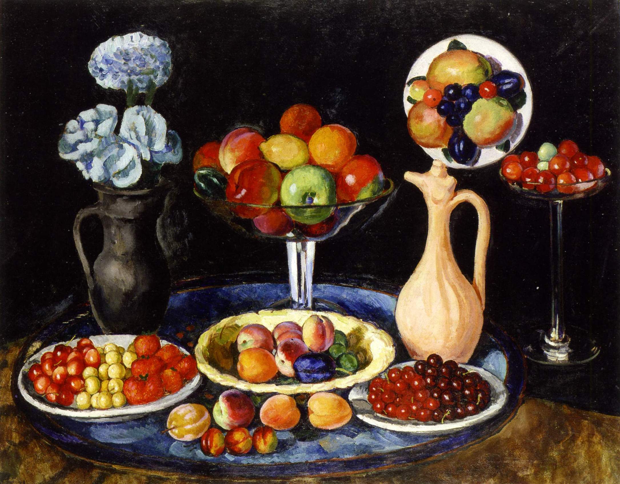 Машков. Натюрморт с цветами и фруктами (на черном фоне) . 1916