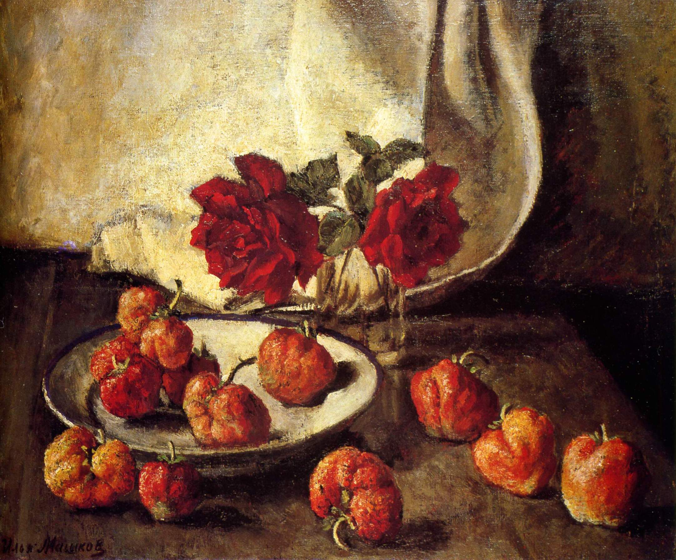 Машков. Две черные розы и тарелка с клубникой. 1939