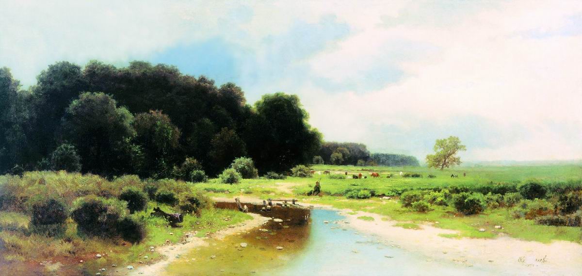 Каменев Л.. Летний пейзаж с рекой. 1870-е