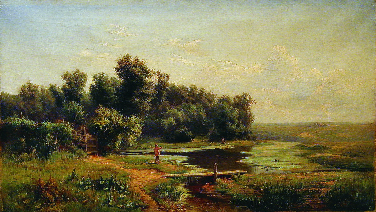 Каменев Л.. Полдень. Пейзаж с рекой и рыбачком. 1860-е