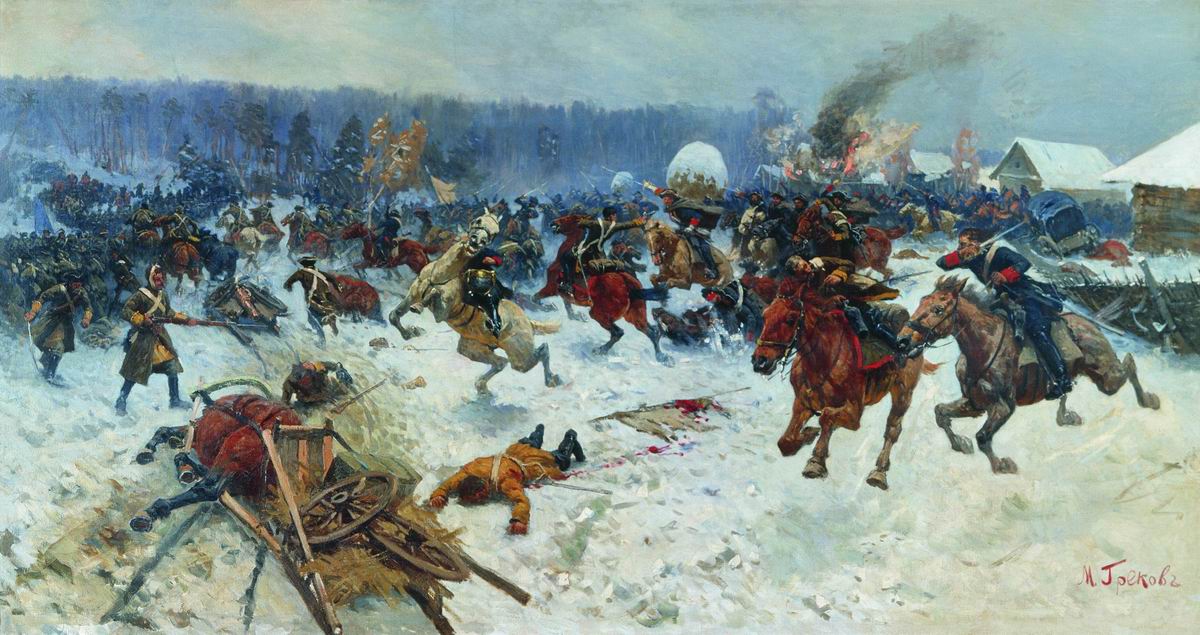 Греков. Атака шведов ярославскими драгунами у деревни Эрестфер 29 декабря 1701 года. 1914