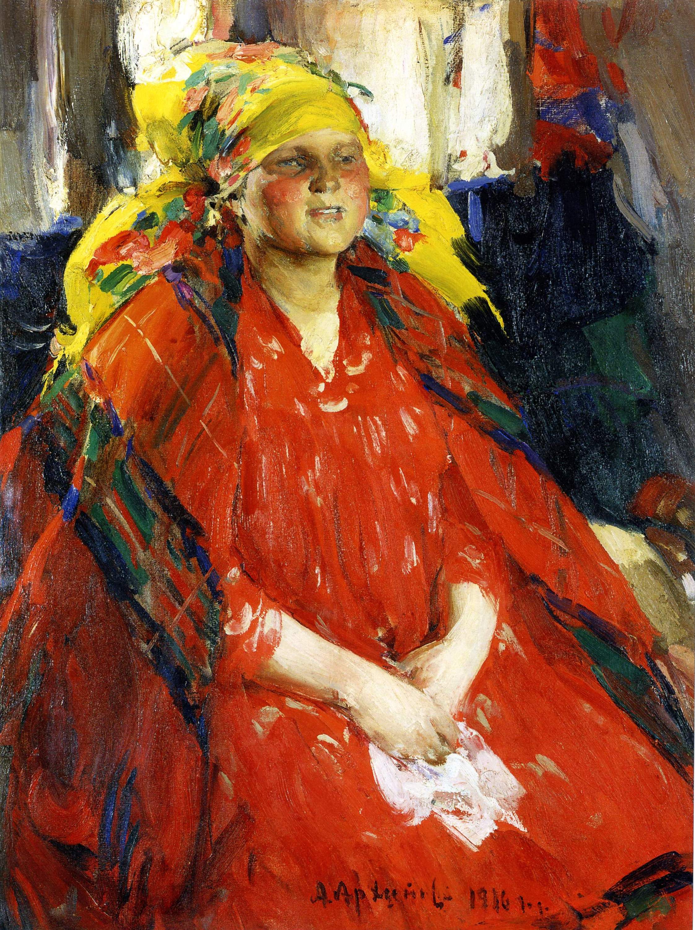 Архипов. Молодая крестьянка в желтом платке . 1916