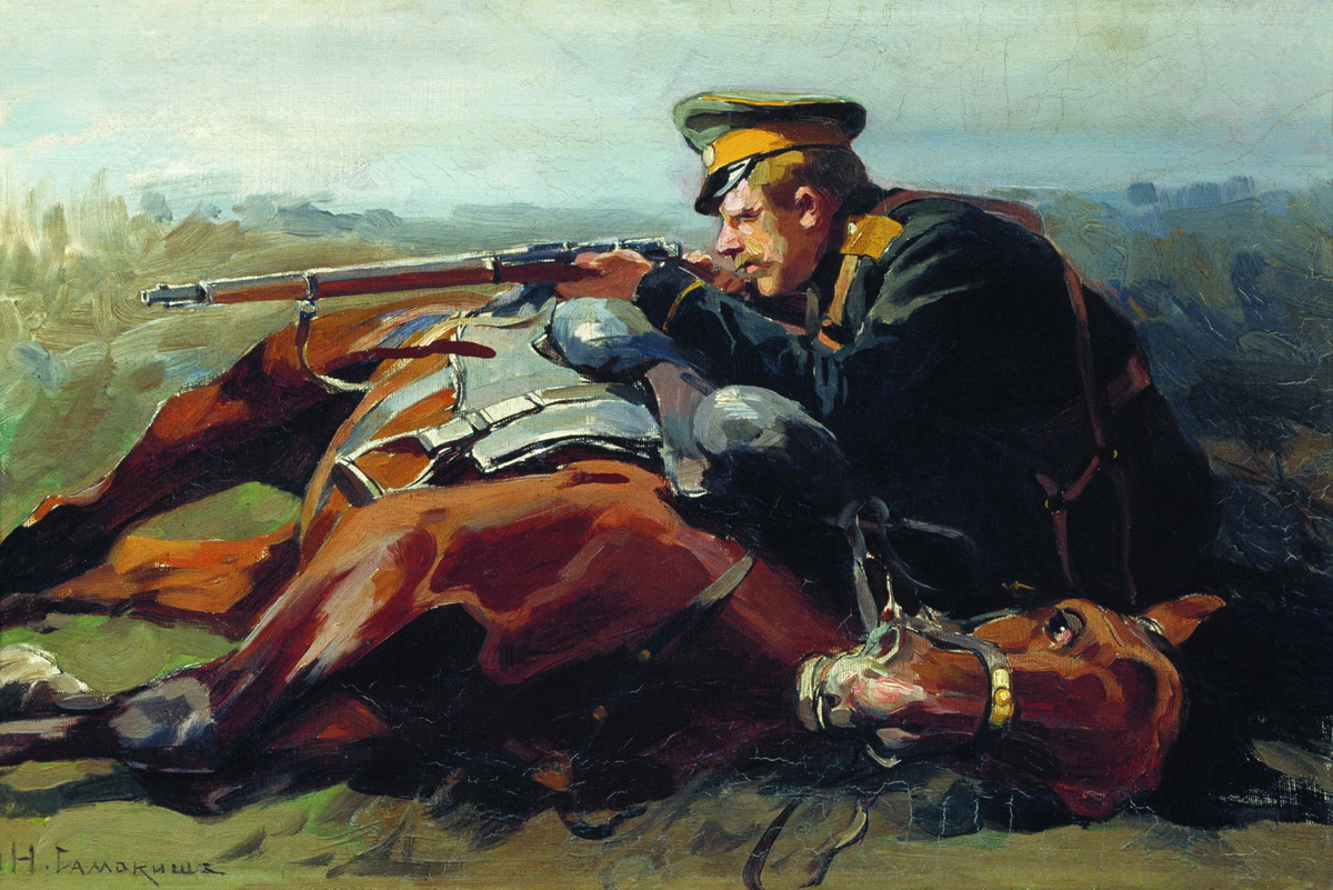 Самокиш. Спешившийся астраханский казак стреляет из карабина из-за лошади. Конец XIX века