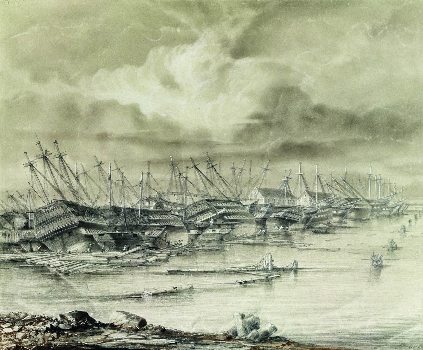 Боголюбов. Кронштадтская военная гавань после наводнения. 1850 год. 1850