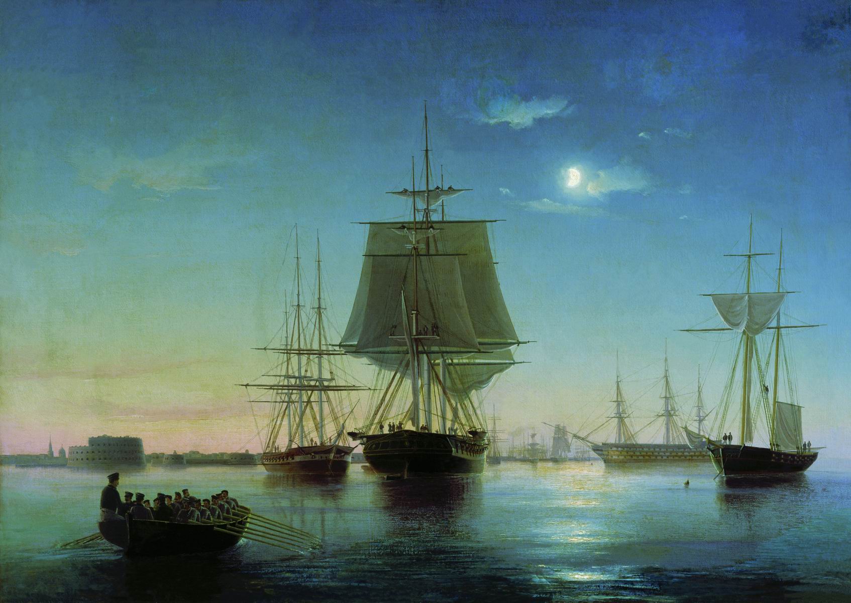 Боголюбов. Кронштадтский рейд с кораблями вечером. 1855