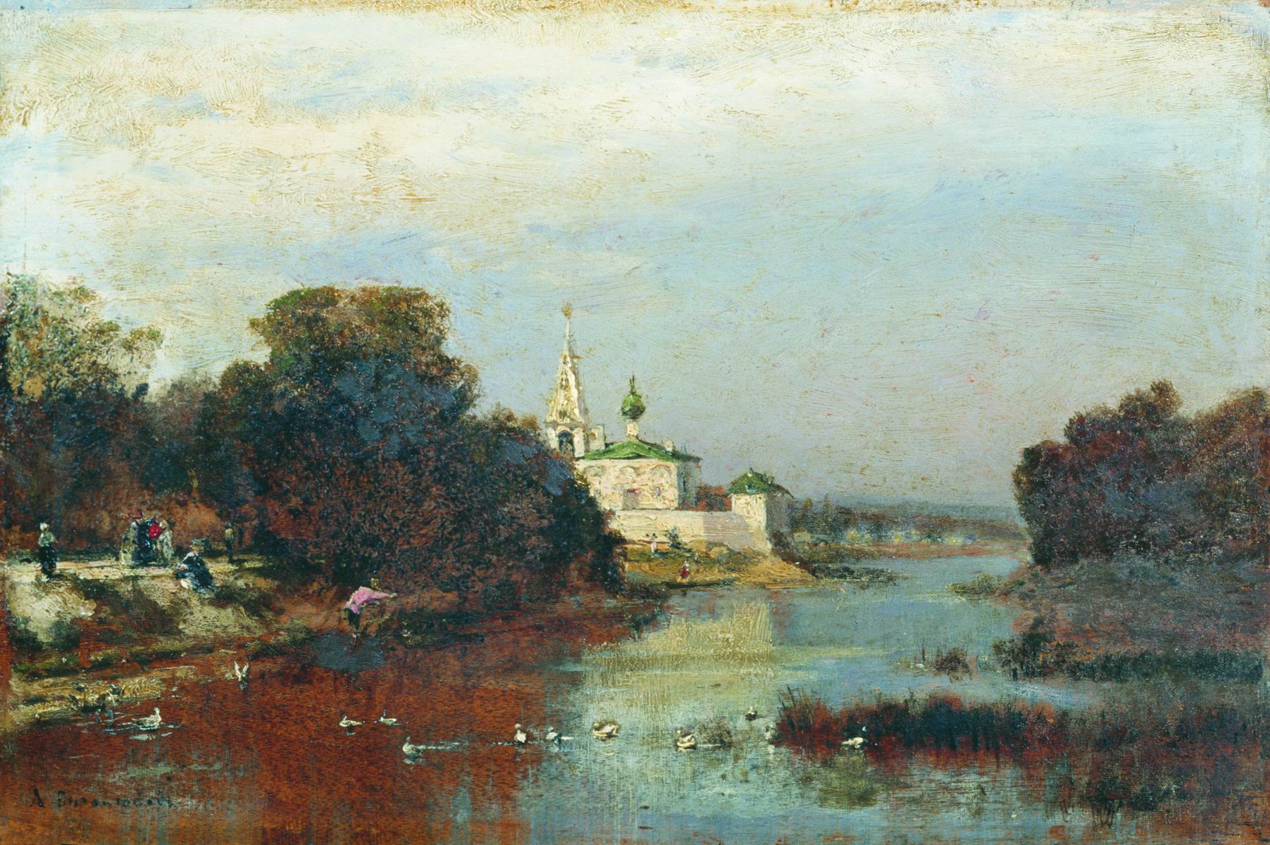 Боголюбов. Пейзаж с белокаменной церковью. 1860-е