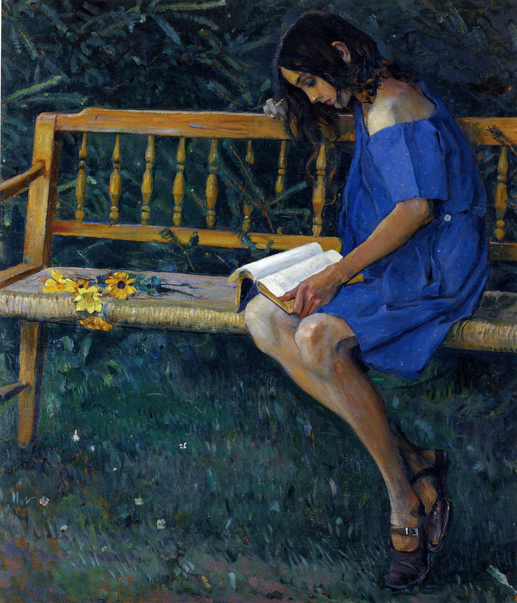 Нестеров М.. Наташа Нестерова на садовой скамейке. 1914