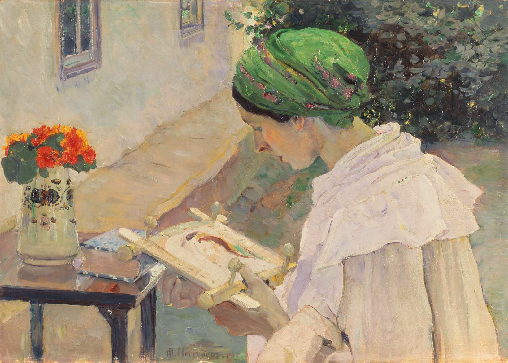 Нестеров М.. Портрет Е.П.Нестеровой за вышиванием. 1909