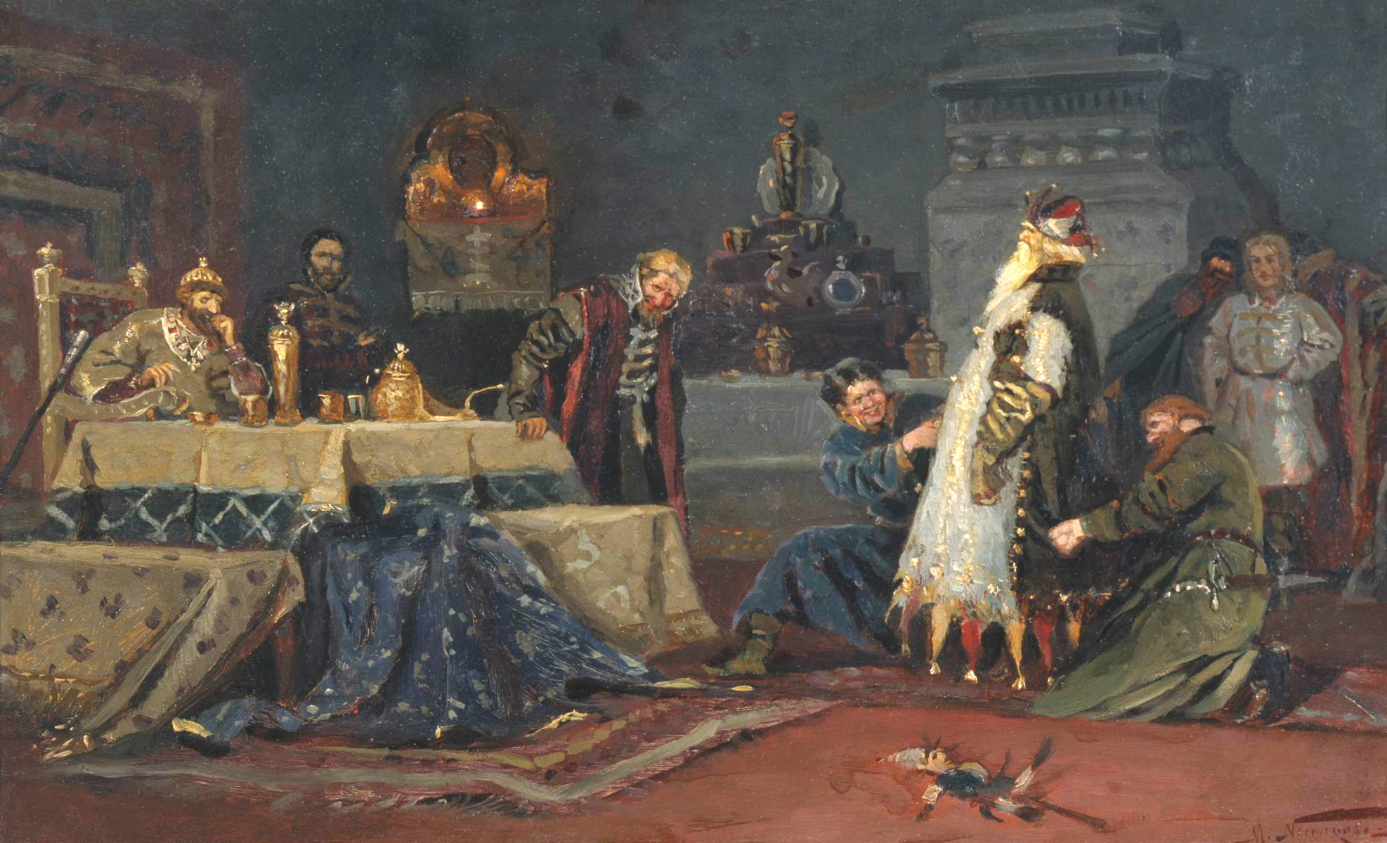 Нестеров М.. Шутовской кафтан. Боярин Дружина Андреевич Морозов перед Иваном Грозным. 1885
