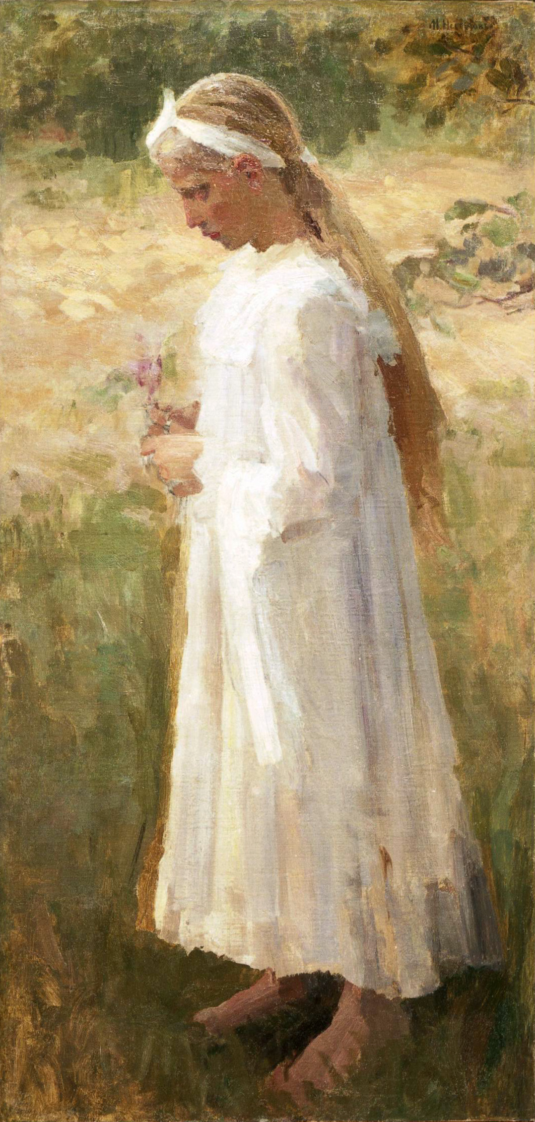 Нестеров М.. Девочка в белом платье и с цветком в руках. 1900-е