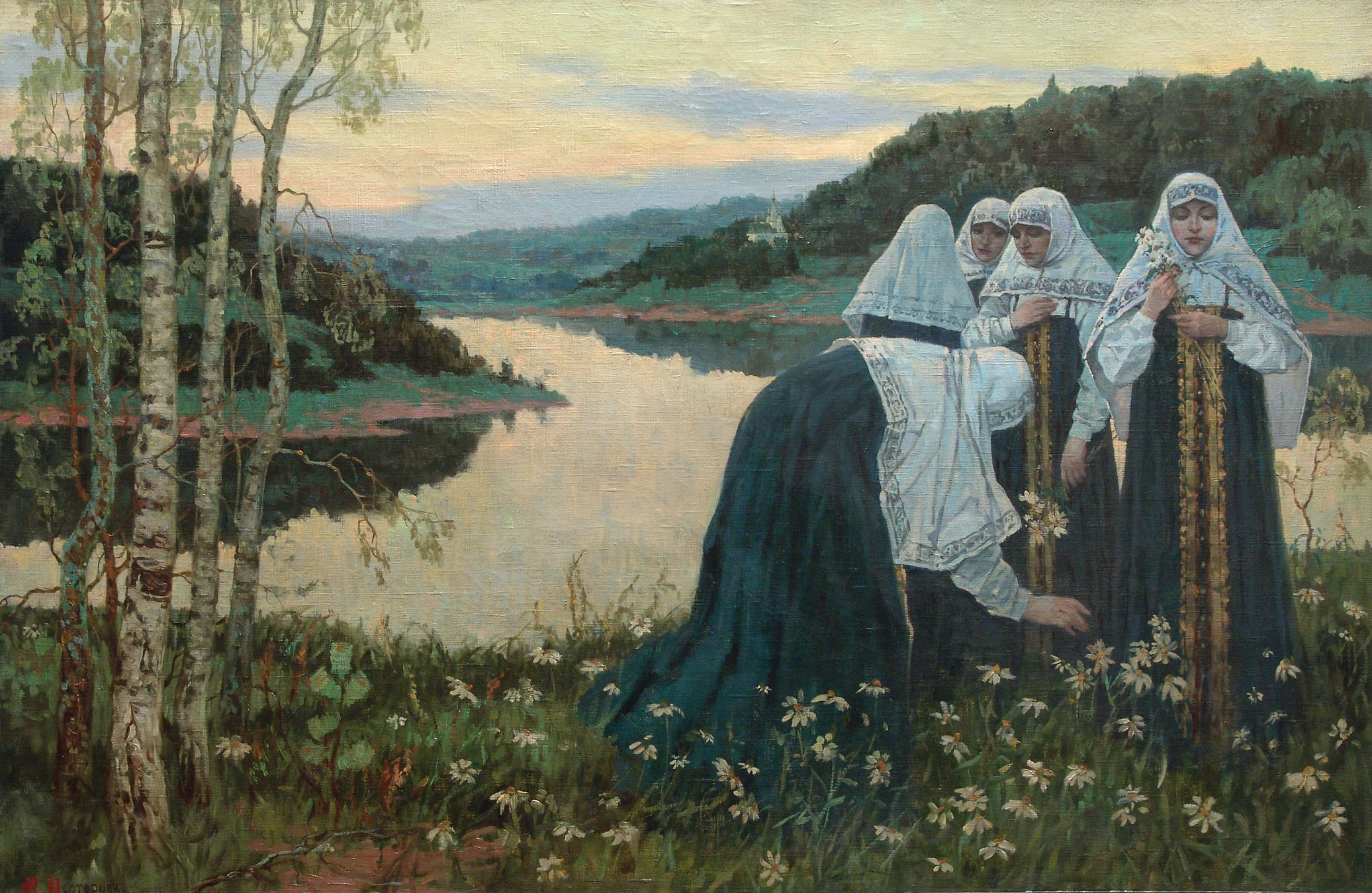 Нестеров М.. Послушницы на берегу реки. 1920-е