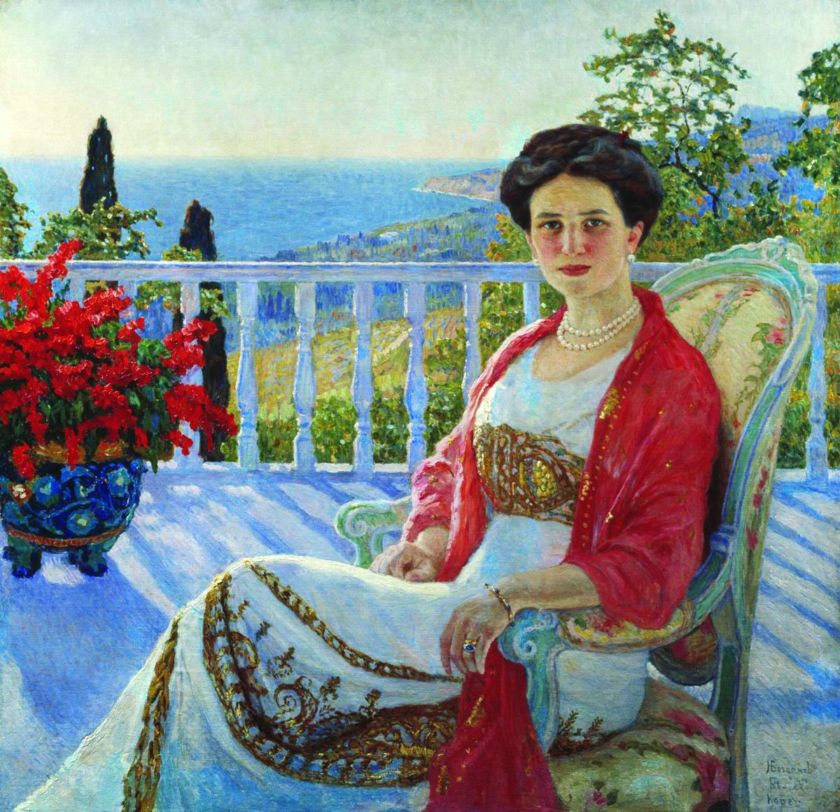 Богданов-Бельский. Дама на балконе. Кореиз. Портрет И.А.Юсуповой (?). 1914