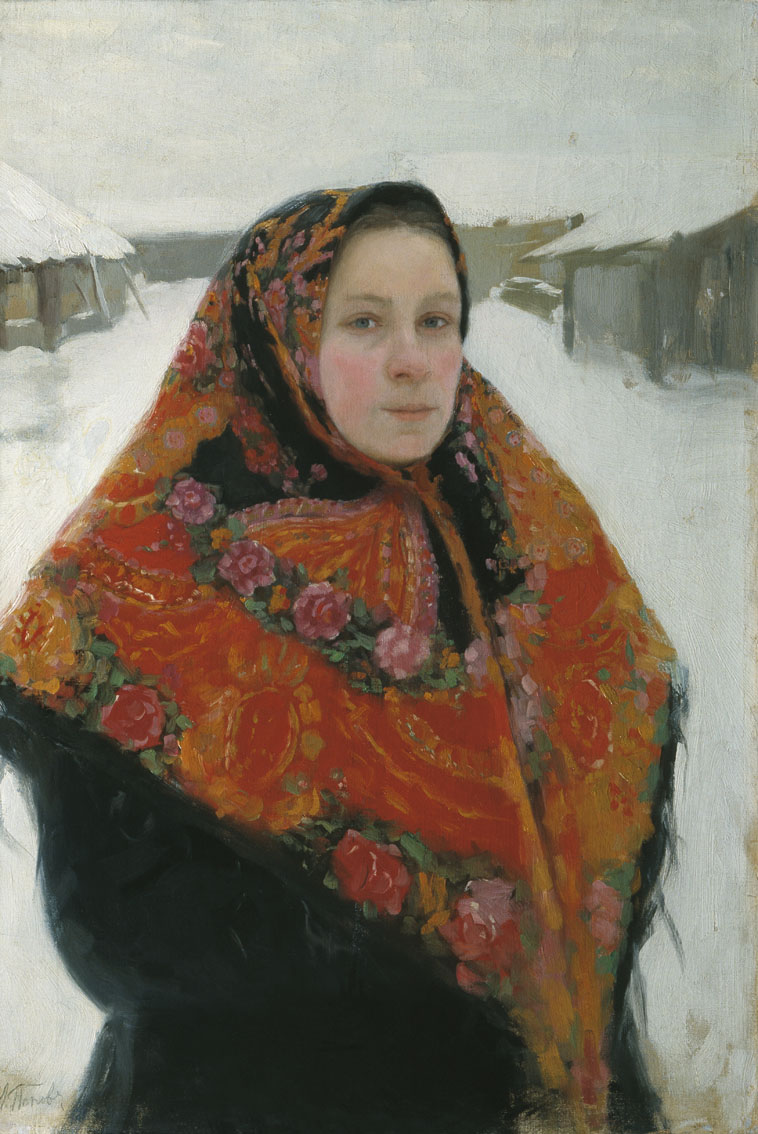 Попов Л.. Портрет жены в пестром платке. Середина 1900-х