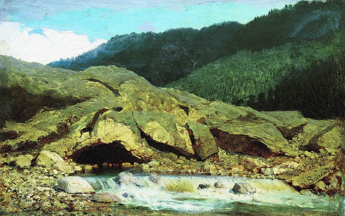 Васильев Ф.. Пейзаж со скалой и ручьем. 1867