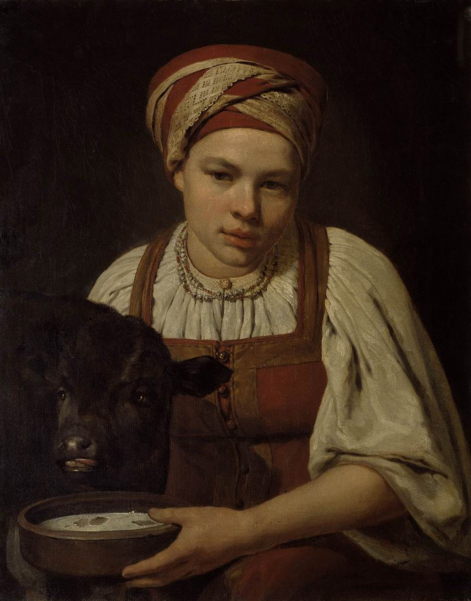 Венецианов. Крестьянаская девушка с теленком. Конец 1820-х