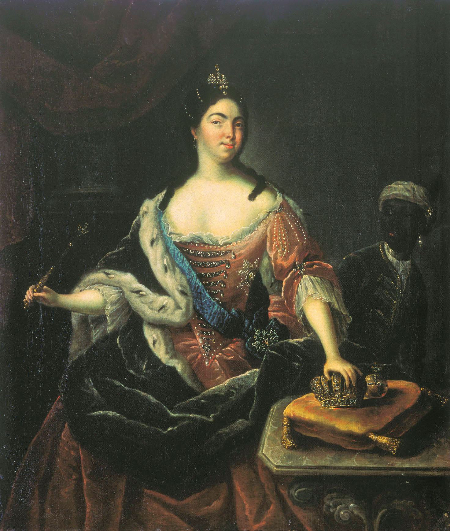 Неизвестный художник XVIII в.. Портрет Екатерины I с арапчонком