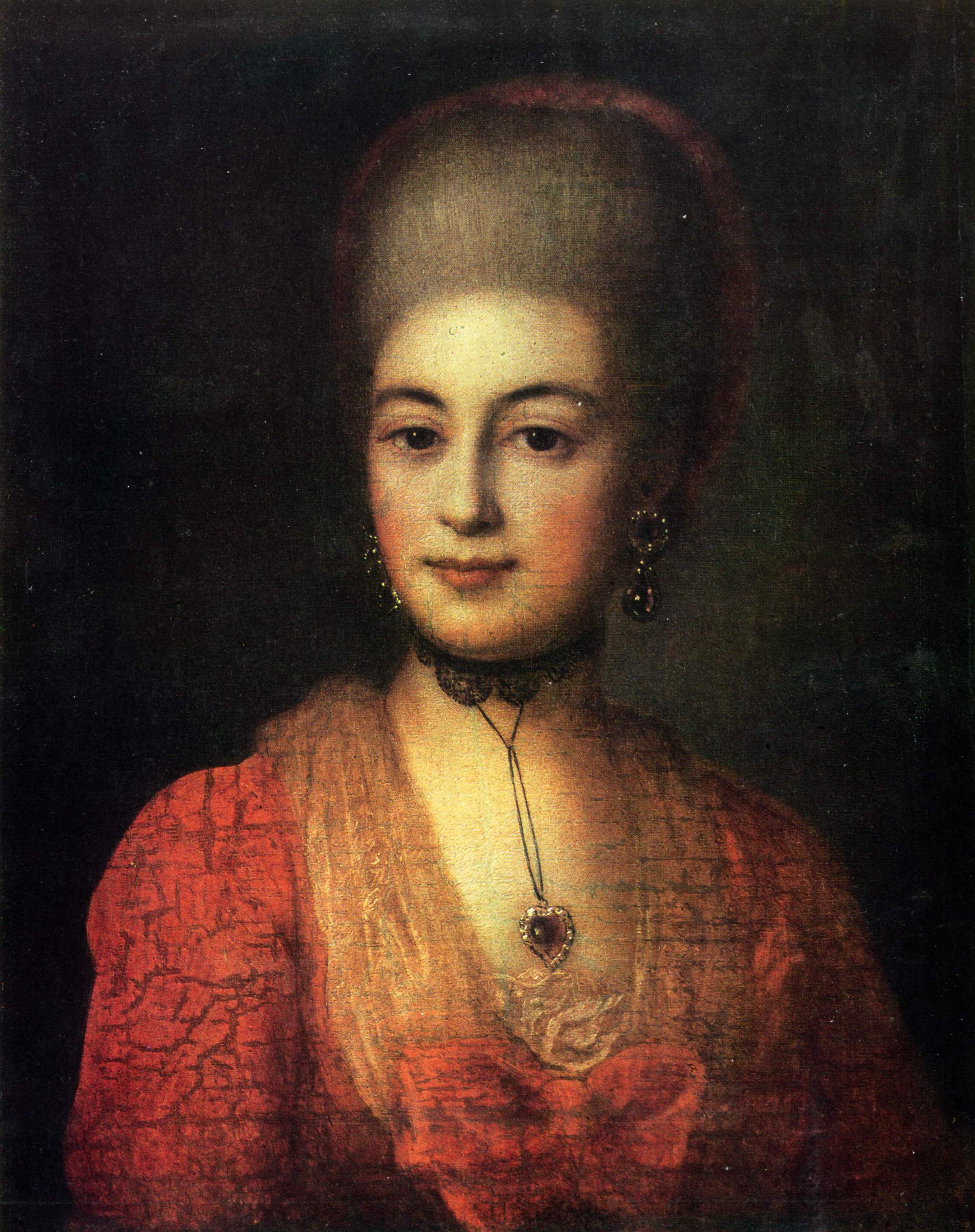 Неизвестный художник XVIII в.. Портрет неизвестной в красном платье . Вторая половина XVIII в.