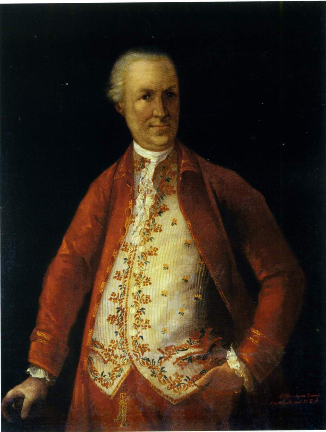 Неизвестный художник XVIII в.. Портрет пожилого мужчины в белом камзоле и красном кафтане