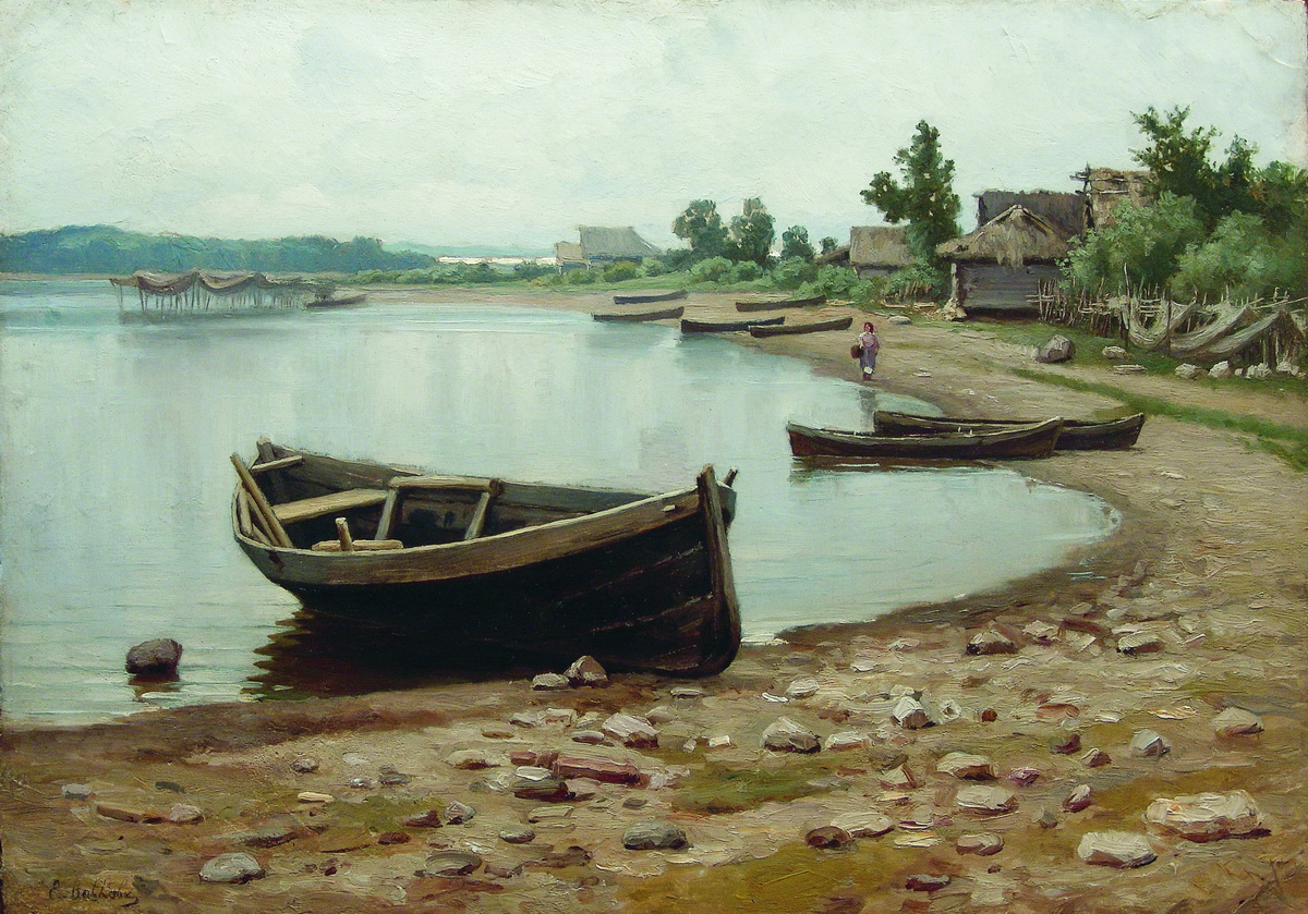 Волков Е.. Речной пейзаж с лодками. 1880-e