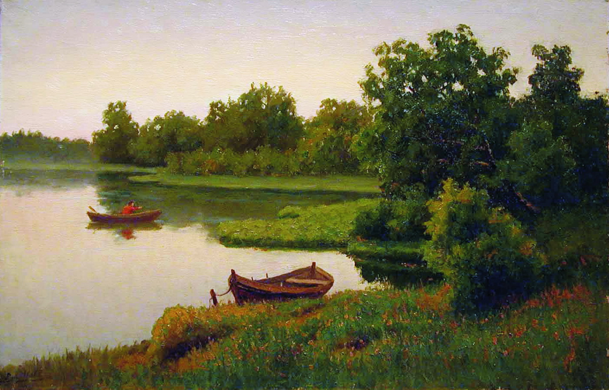 Волков Е.. Летний пейзаж с рыбачком. 1890-е
