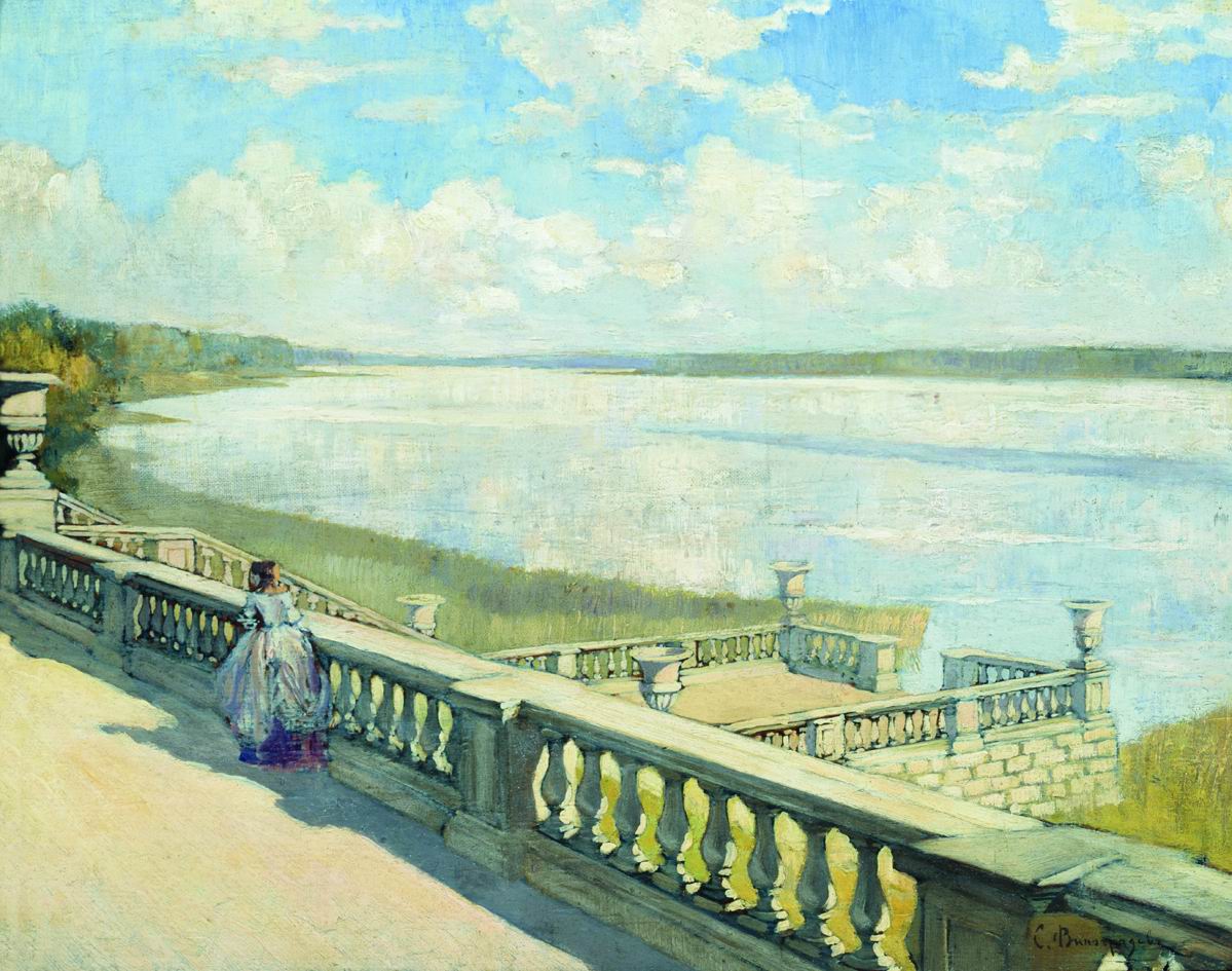 Виноградов С.. Солнечный день. Дама у балюстрады. Около 1908