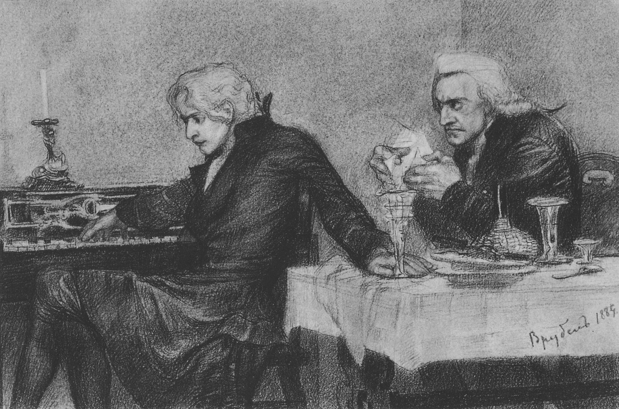 Врубель. Сальери всыпает яд в бокал Моцарта. 1884