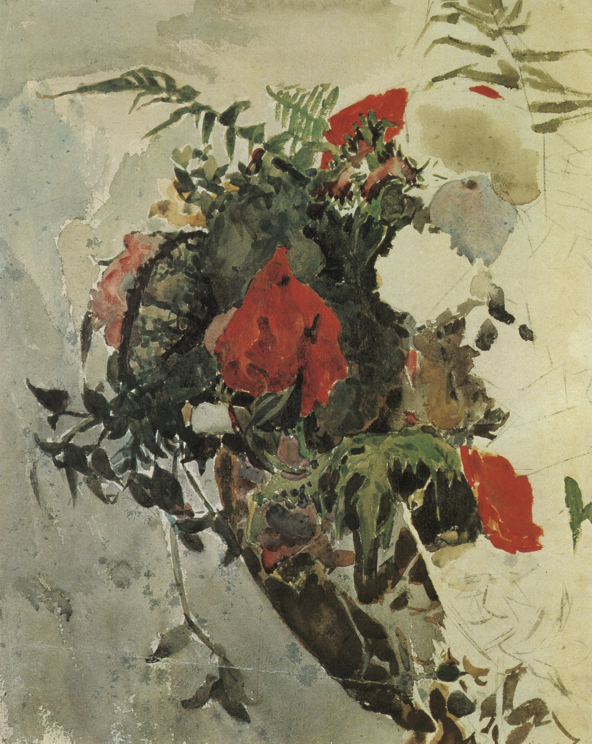 Врубель. Красные цветы и листья бегонии  корзине. 1886-1887