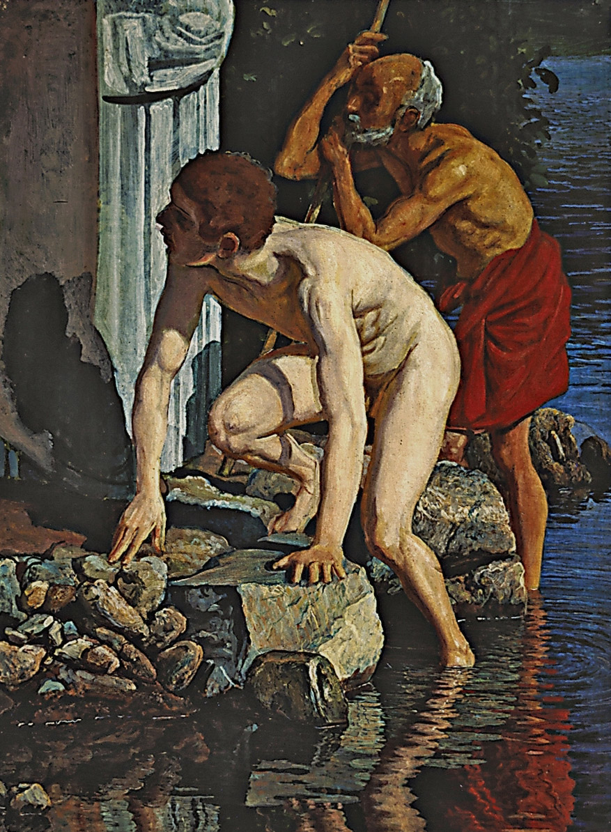 Иванов А.А.. Старик, опирающийся на палку, и мальчик, выходящий из воды (зеркальное по отношению к картине изображение). Вторая половина 1830-х