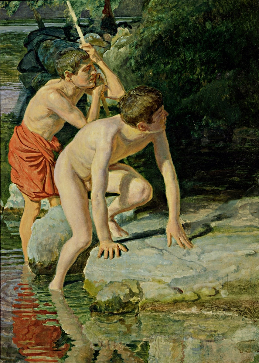 Иванов А.А.. Два мальчика на фоне пейзажа, в позах мальчика, выходящего из воды, и старика, опирающегося на палку. Вторая половина 1830-х