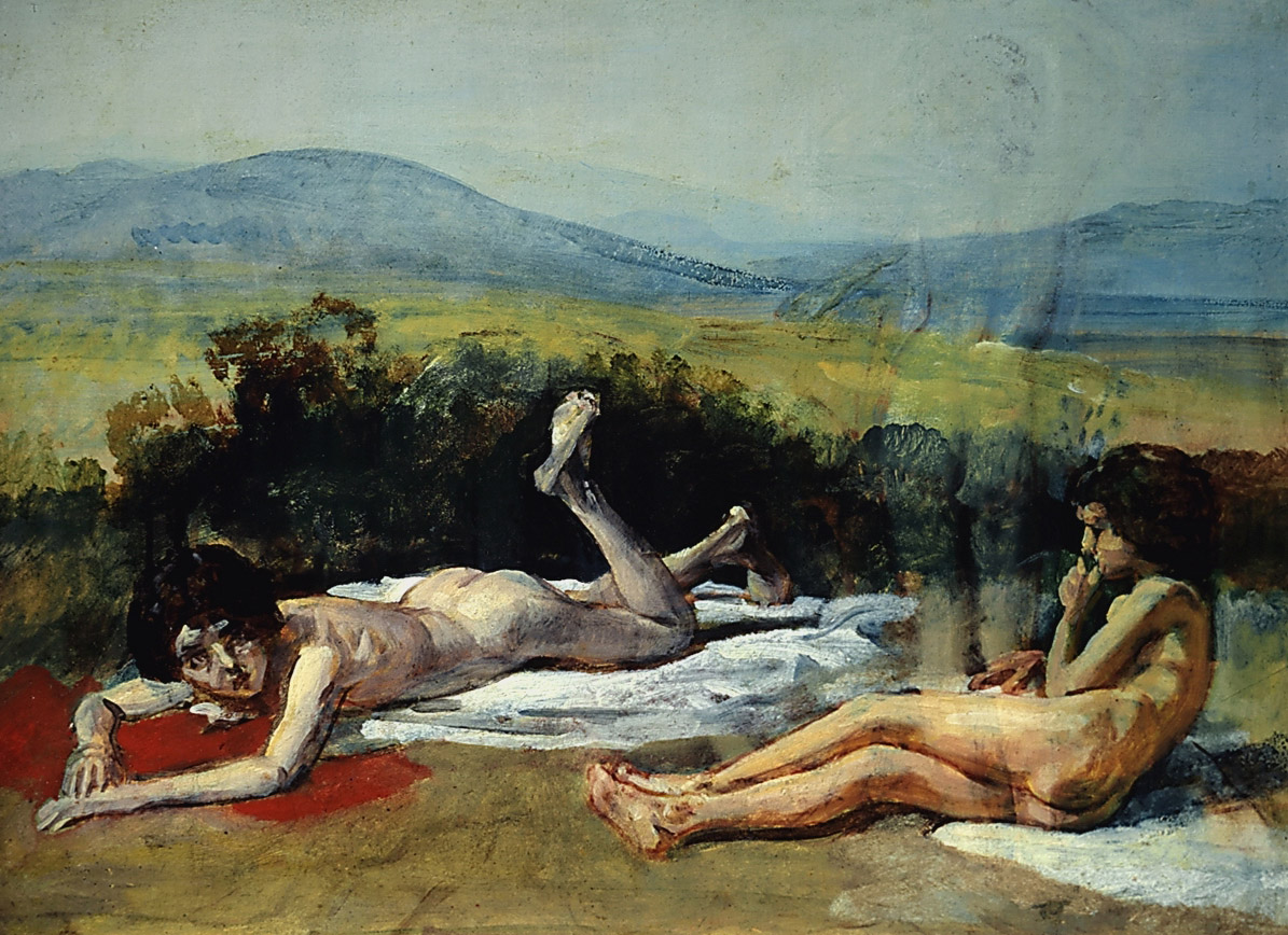 Иванов А.А.. Два лежащих на красных и белых драпировках обнаженных мальчика на фоне пейзажа и намеченная фигура третьего, стоящего мальчика. Вторая половина 1830-х