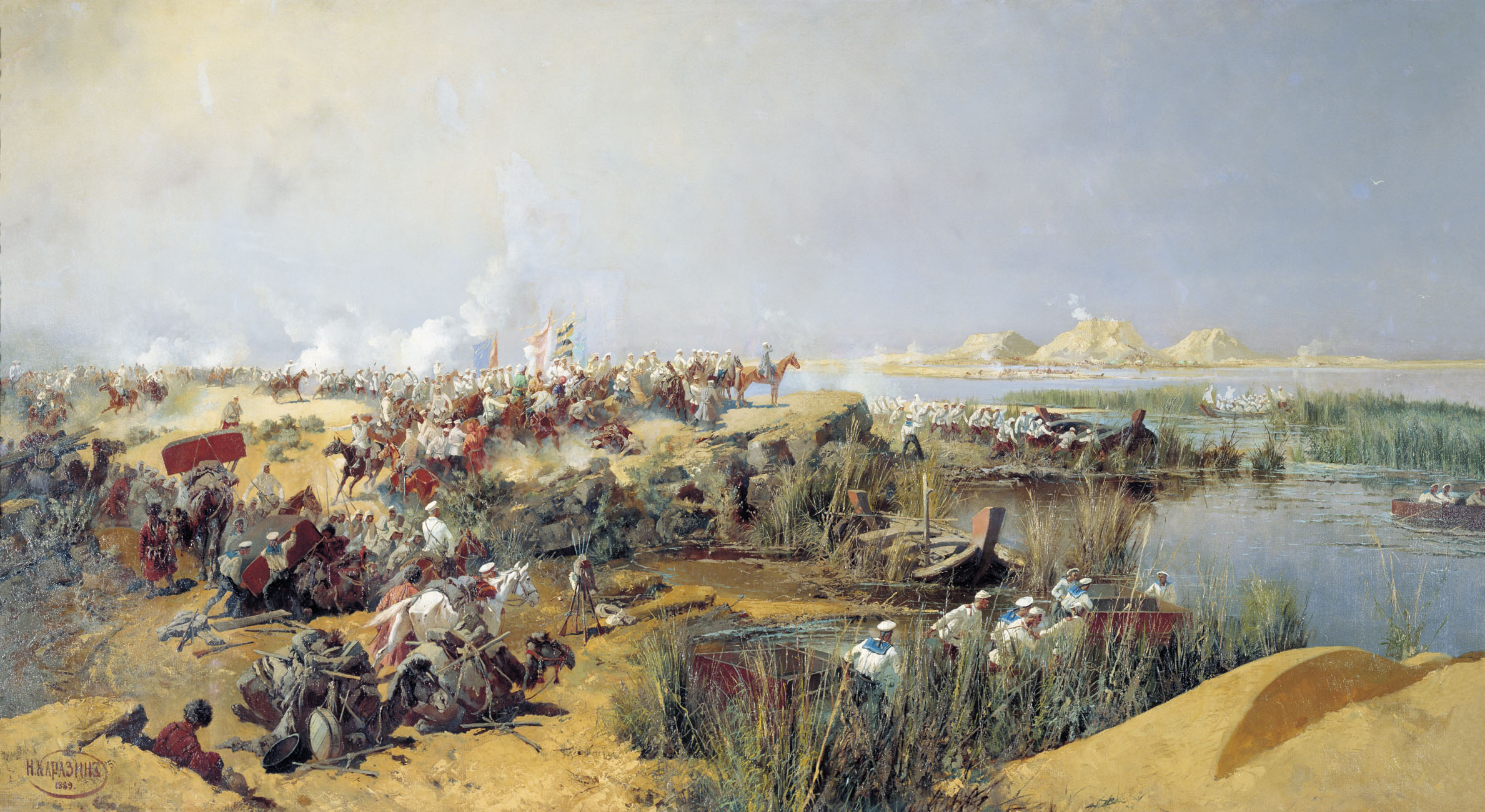Каразин. Переправа туркестанского отряда через Аму-Дарью в 1873 году. 1889